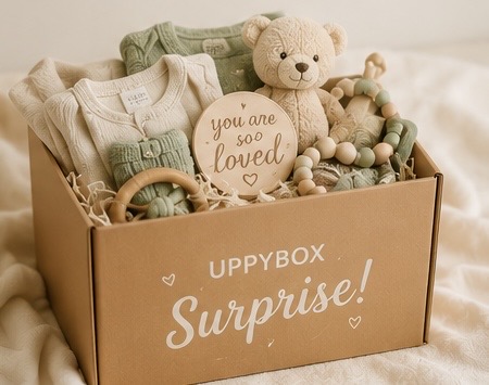 A beautifully wrapped UppyBox surprise package, hand-picked for your little one